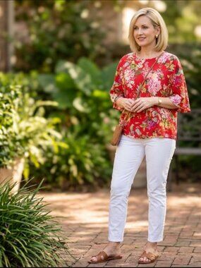 Mango Red Floral Raglan Sleeve Blouse Boho Chic Summer Top